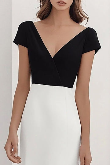 A Line White V Neck Formal Dress with Short Sleeves